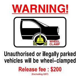 Wheel clamp area $200 release fee sign