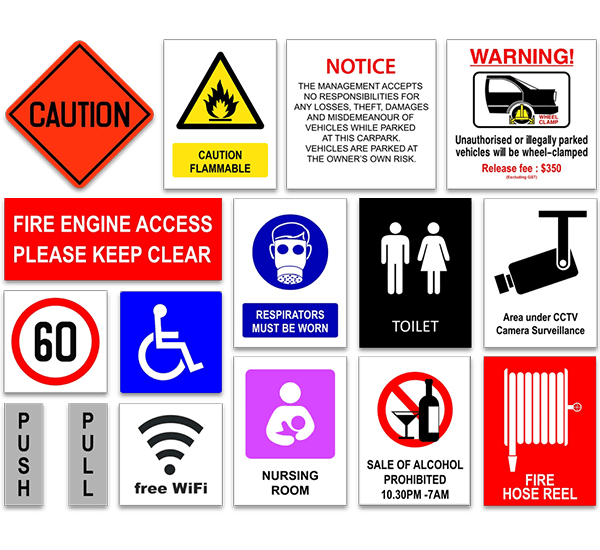 Generic message, traffic, safety and warning signs catalog